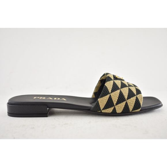 Prada Jacquard Triangle Logo Black Beige Tan Leather Slide Sandal Flat Mule 37.5 - Picture 2 of 16